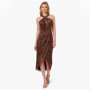 Adrianna Papell Women's Crinkle Halter Metallic Midi Dress In Copper Size: 10